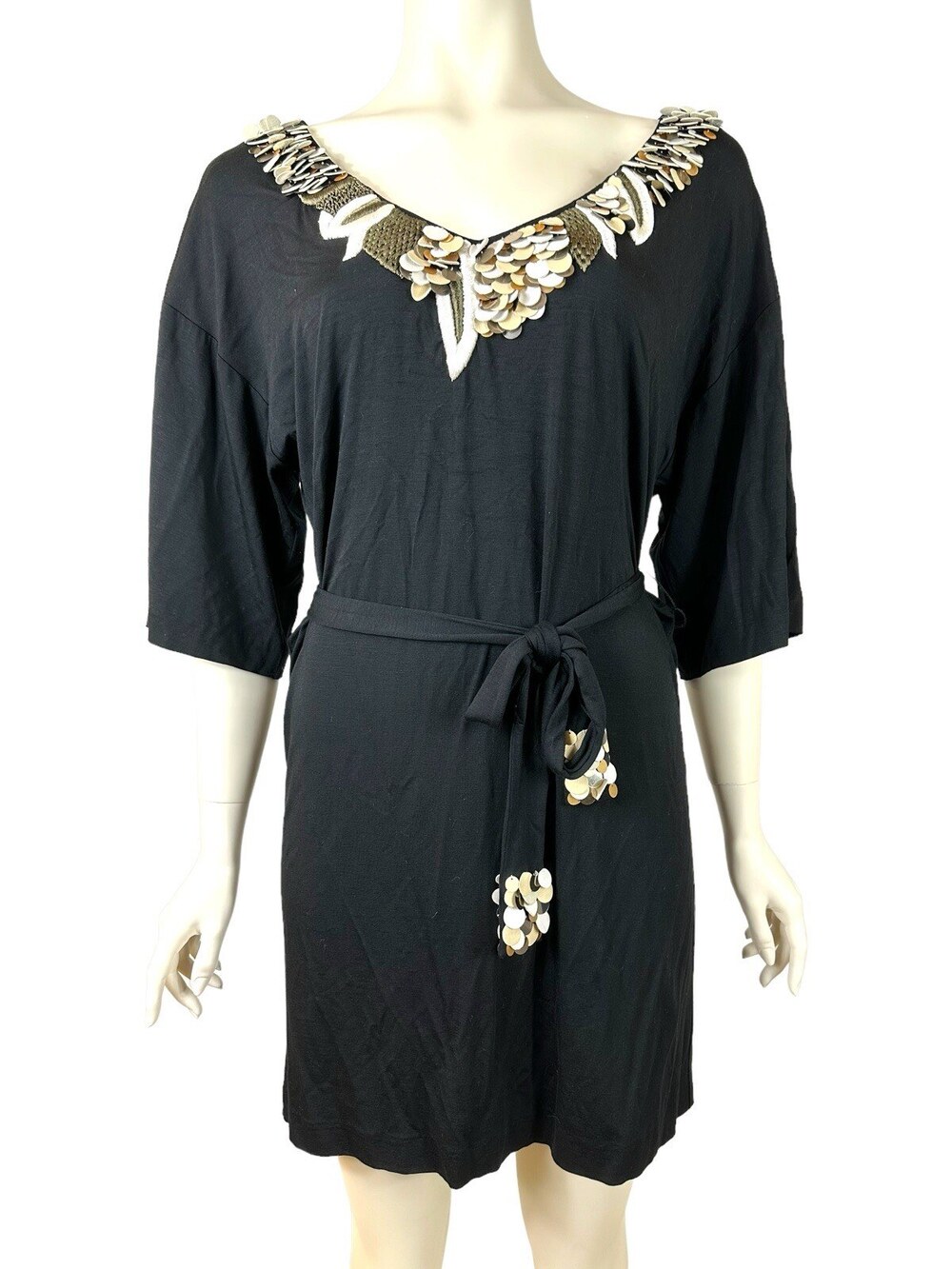 Trina Turk Belted Mini Dress Women's Small Black V Neck Embroidered Sequin
